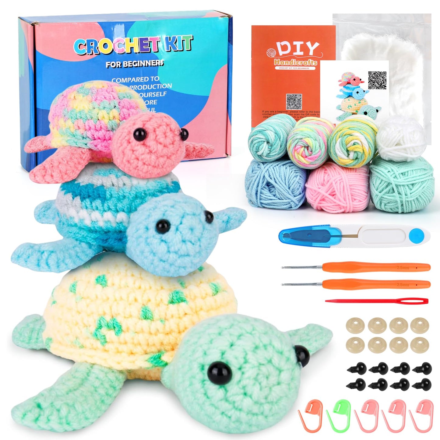 UXORSN Crochet Kit for Beginners Adults 3 Pack Turtle Family Crochet Animal Starter Kits Complete Knitting Supplies with Yarn Hooks Step-by-Step