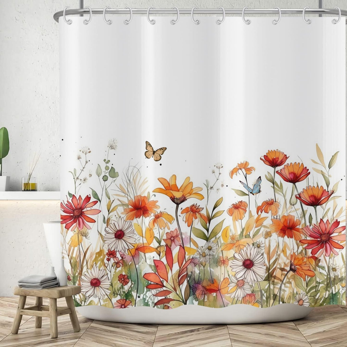 ASDCXZ Flower Shower Curtain 180x180 cm, Spring Red Orange White Colorful Flowers Green Leaves Butterfly Washable Shower Curtains Polyester Textile