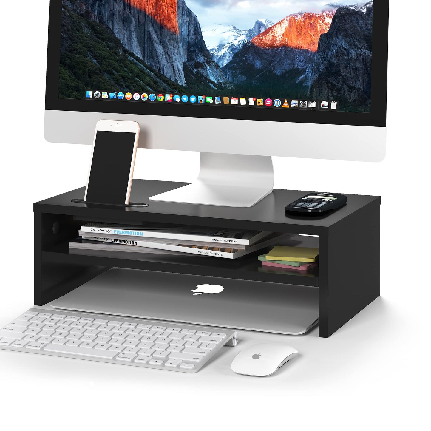BONTEC Monitor Stand Riser, Wooden Desk Riser for Screen and Laptop, 420mm Wide PC Platform with Cable Slots, Phone Holder, 30kg Load, Ergonomic