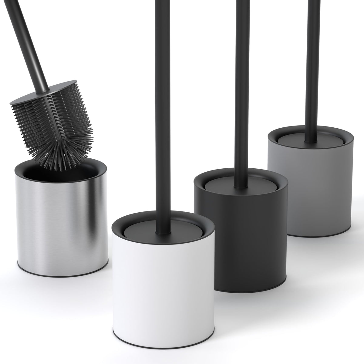 SAVEGA Silicone Toilet Brush White with Holder ? Discreet Stainless Steel Toilet Brush with Protective Lid ? Durable & Hygienic (White/Black, 1-Pack)