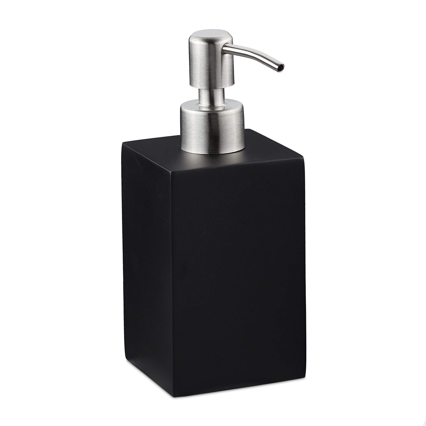 Relaxdays Soap Dispenser, Rectangular, 300 ml, Refillable, Bathroom, for Liquids, Polyresin, Stainless Steel Pump, Black, 17.5 x 7 x 8 cm