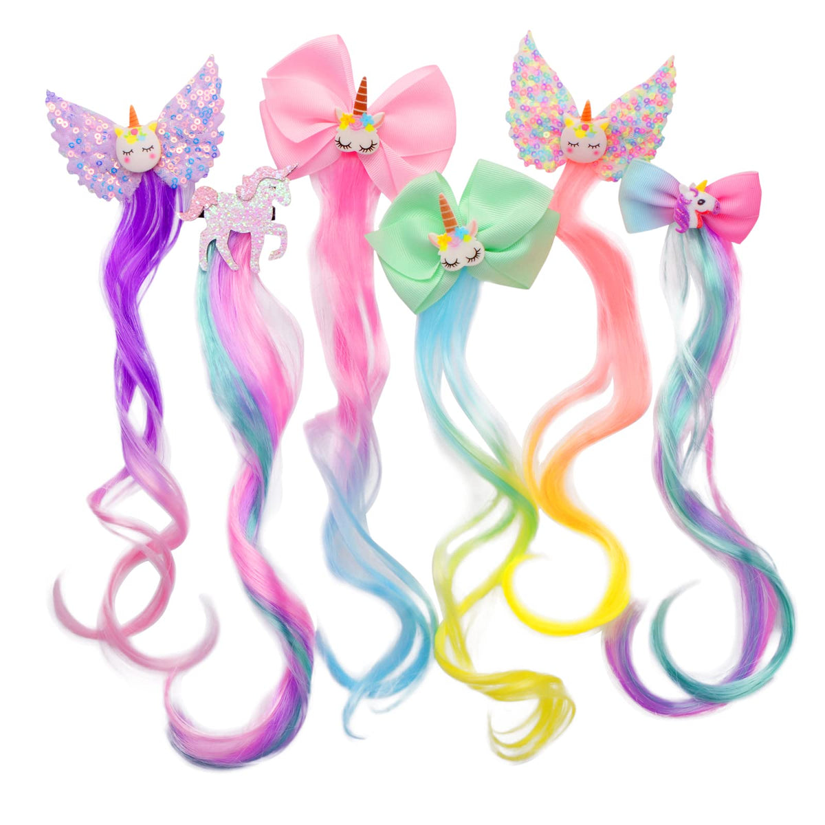 Hair Clips for Girls, 6pcs Little World Curly Hair Clips Hair Extensions Clip in Kids, 33cm Rainbow Clip in Coloured Hair Extensions Kids, Curly with