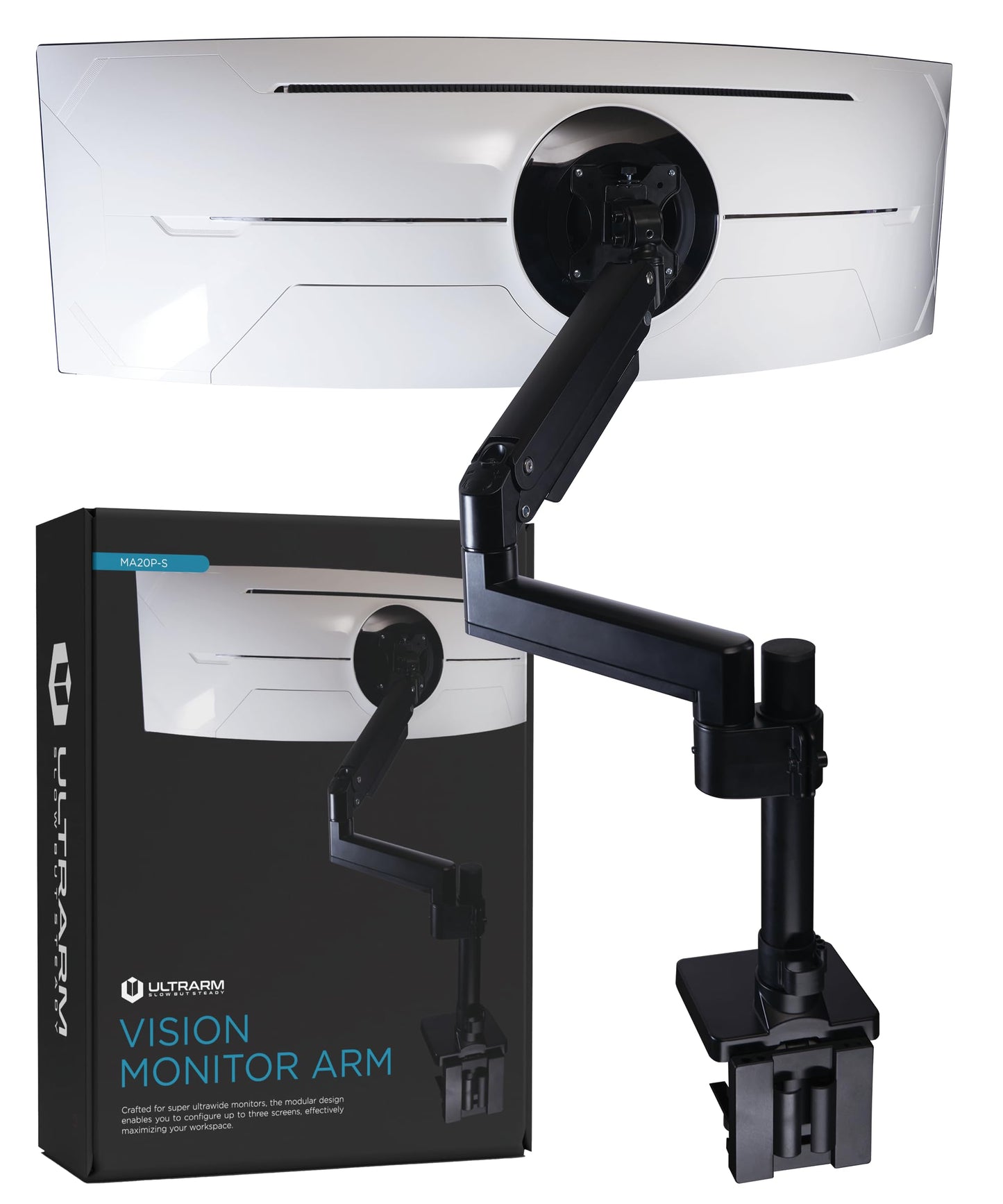 ULTRARM Heavy Duty Monitor Arm for Ultrawide Monitors up to 57" and 44 lbs, Single Desk Stand, Pneumatic Height Adjustable, Modular Extension Arms -