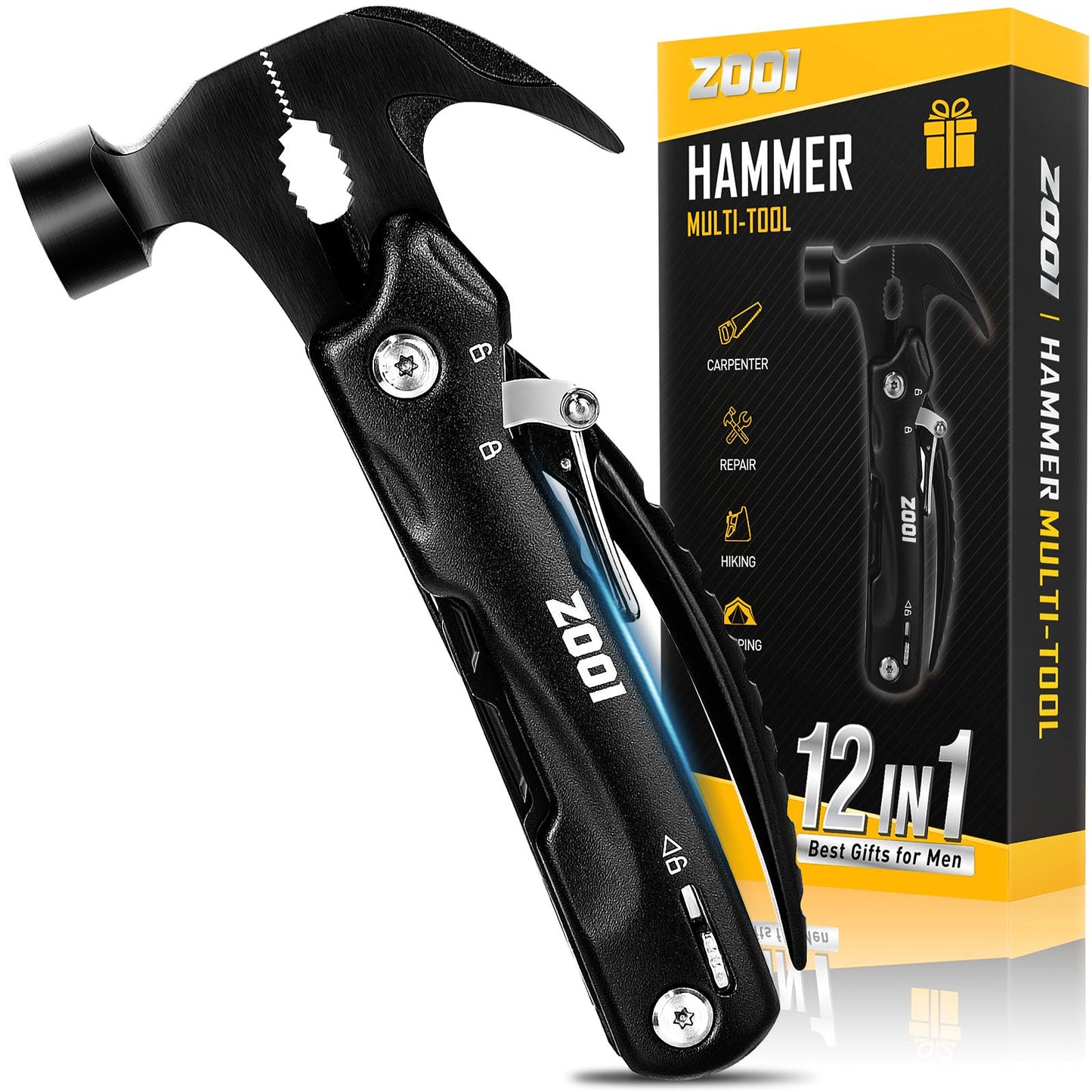 ZOOI Gifts for Men, Valentines Gifts for Him, Dad Gifts for Him, Mens Valentines Gifts Gadgets Presents for Mens, 12 in 1 Hammer Multi Tool, Camping