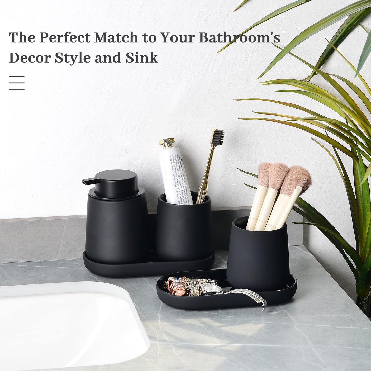 BosilunLife Black Bathroom Accessory Set - 3 pcs Ceramic Bathroom Soap Dispenser Set Farmhouse Bathroom Counter Decor Set Accessories
