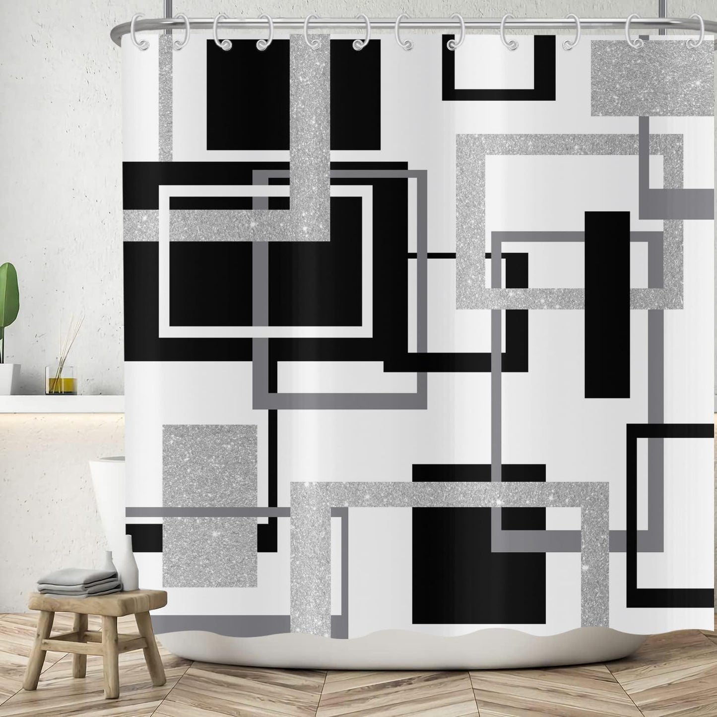 ASDCXZ Geometry Shower Curtain 180x200 cm, Modern Black Grey Silver Irregular Geometry Pattern Bath Washable Shower Curtains Polyester Textile