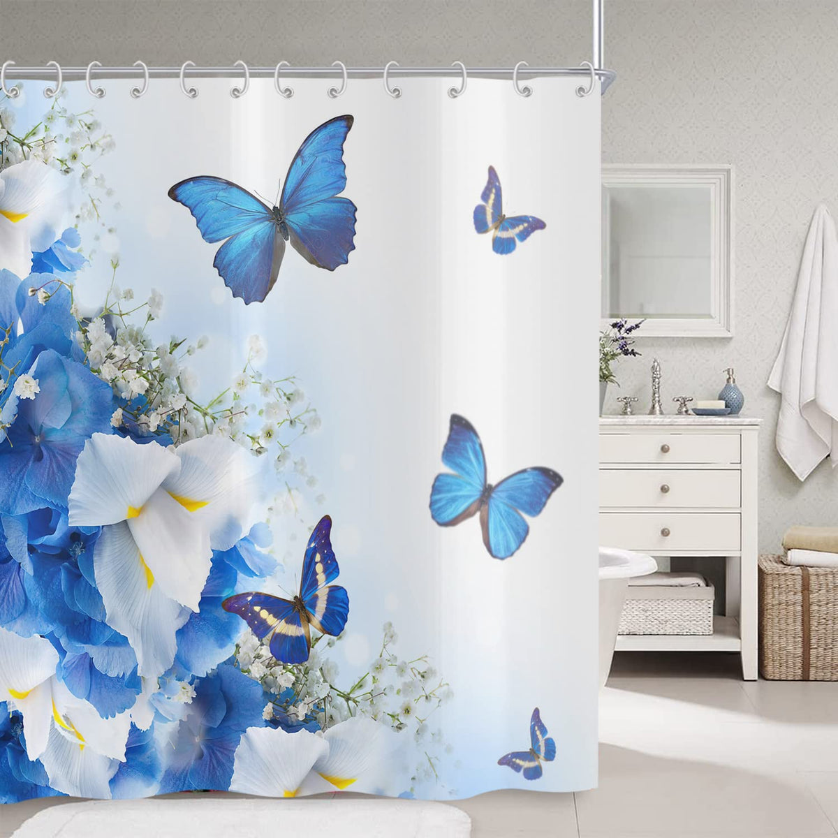 Hnmdmyi Blue Shower Curtain 180x180, Flower and Butterfly Nature Dream Fantasy Garden Bathroom Curtains with Hooks Waterproof Polyester Fabric