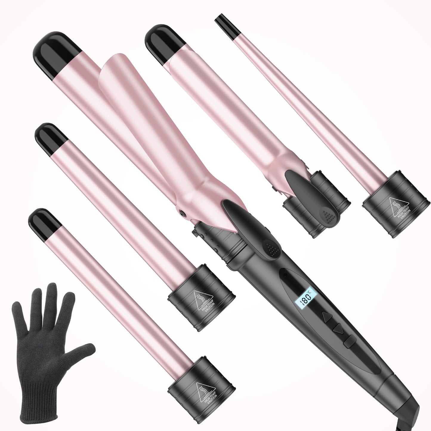 Curling Wand Curling Tongs - New Upgraded 5 in 1 Hair Curler with LCD Display and 5 Interchangeable Ceramic Barrel, Curling Iron Set for Long/Short