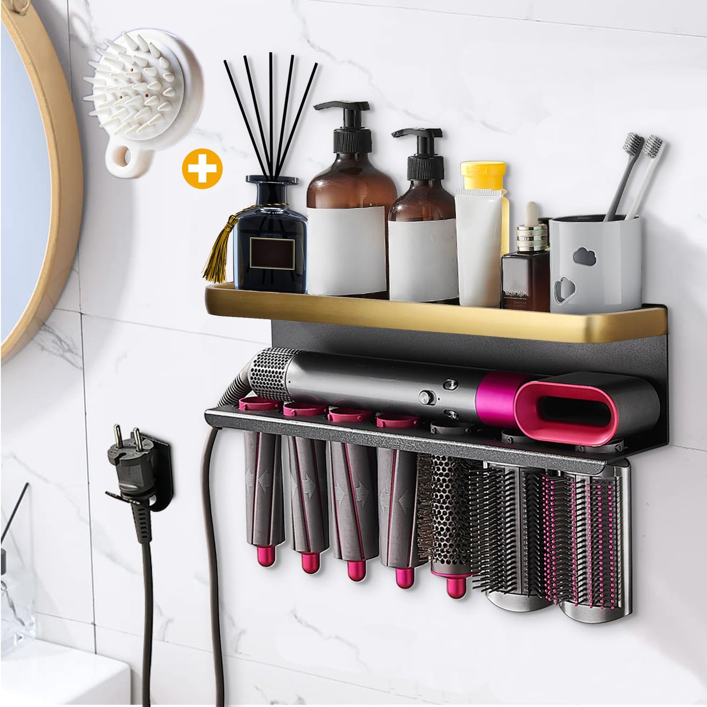 Yimerlen Straightener Holder Compatible with Dyson Airwrap Wall Mount Storage Rack for Curling Iron Attachments and Complete Styler (Gold/Black, with