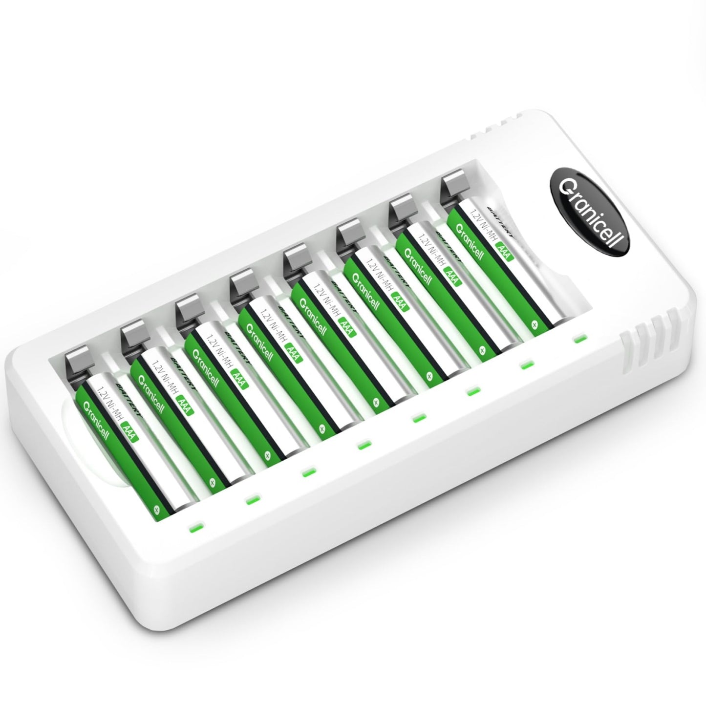 Granicell Rechargeable Battery with Charger, 8 Pcs of 1100mAh Low Self-Discharge AAA Batteries with 8-Compartment AA AAA Smart Battery Charger for