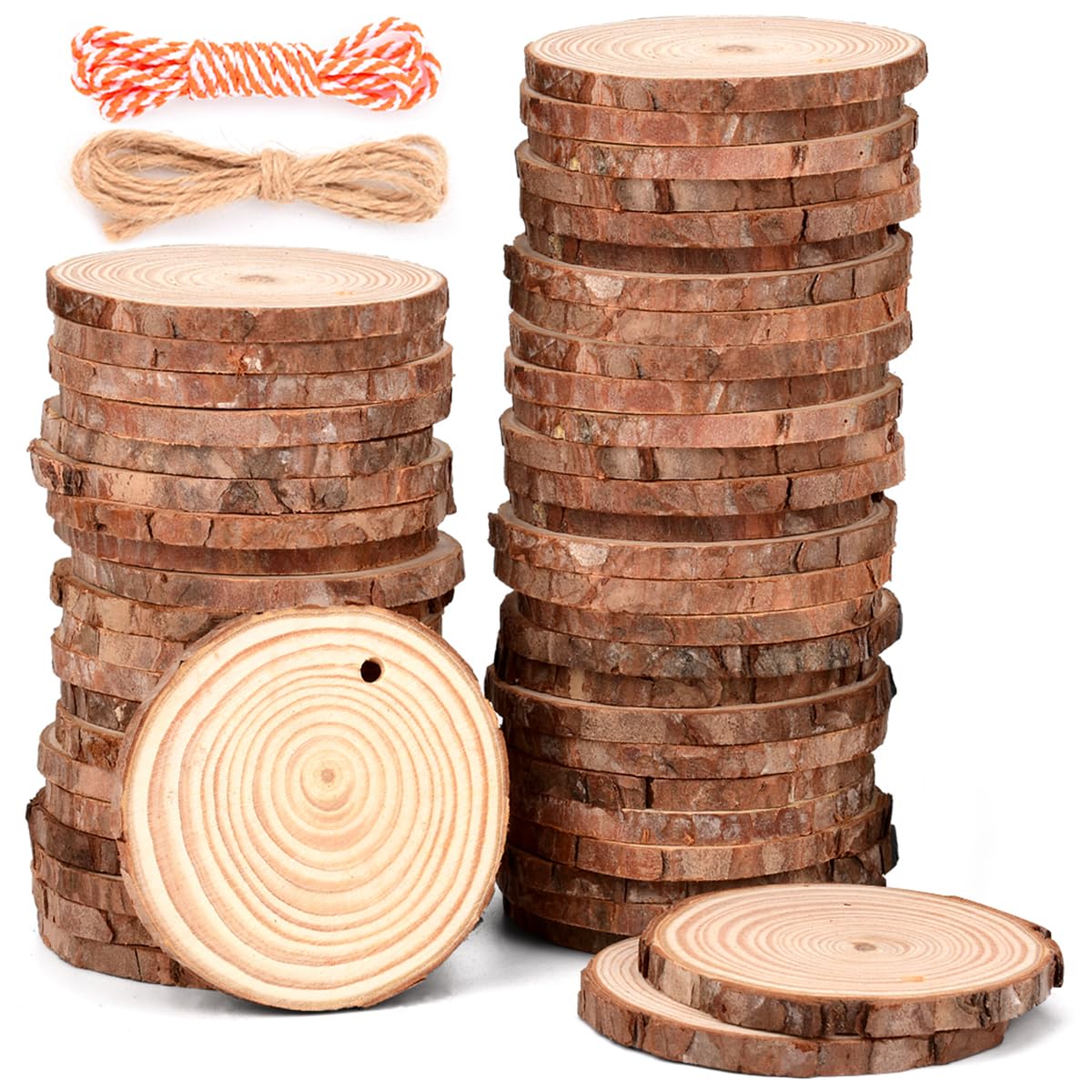 PHILORN 50 PCS Natural Wood Slices 6-7cm Log Slices Unfinished Predrilled Wooden Discs for Crafts, Wooden Circles with Hole and Jute Twine Tree Slices