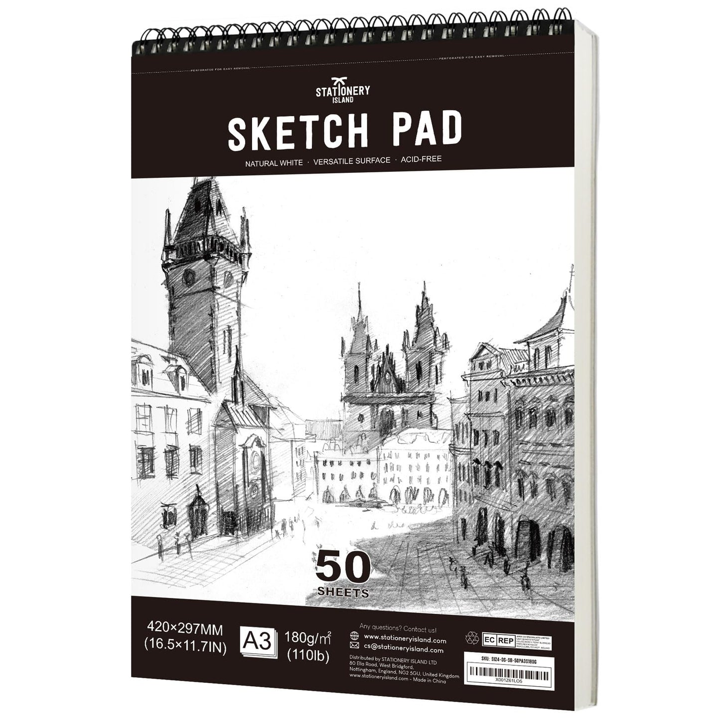 STATIONERY ISLAND Sketch Pad, A3 Sketch Book 180 g/m? Thick Paper, 100 Pages / 50 Sheets Spiral Bound Sketchbook 1 Pack