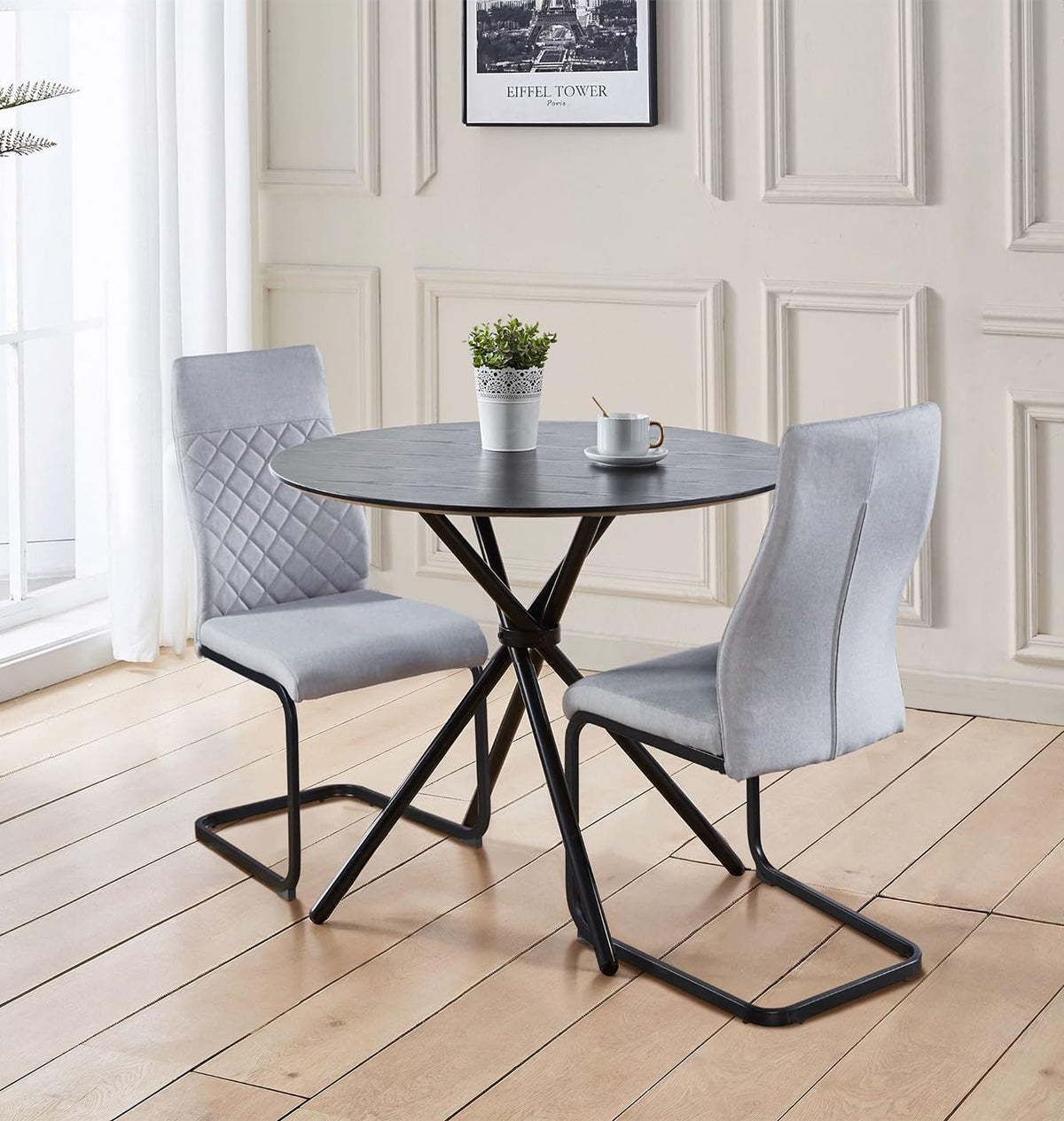 Hallowood Furniture Cullumpton Round Small Table and Chairs, Black Wood Effect Dining Table and Chairs Set 2 in High Back Light Grey Fabric and Black