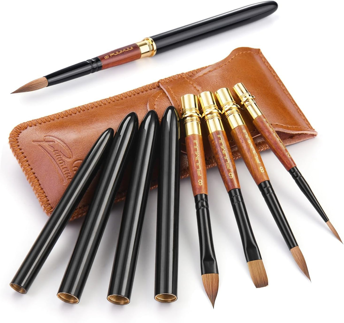 Sable Travel Watercolour Brushes 4pcs, Fuumuui Elegant Kolinsky Sable Travel Brushes Kit with Leather Pouch Perfect for Watercolor Gouache Ink