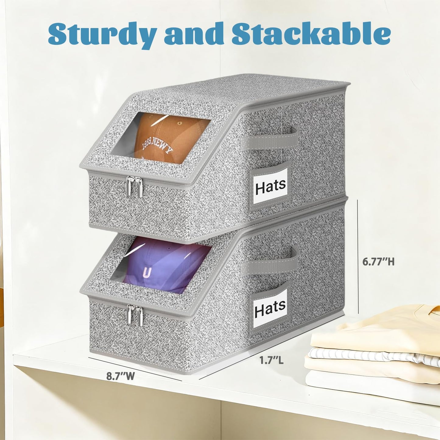 UWIOFF Baseball Cap Storage Stackable Cap Hat Storage with Carrying Handles & Lid Dust-Proof 1pcs Grey
