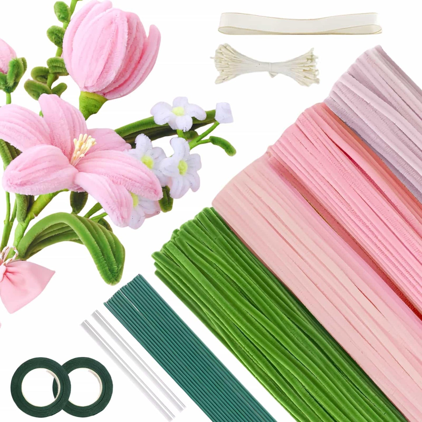 400Pcs Pipe Cleaners for Crafts Flowers Chenille Stems DIY Flower Making Kit with Floral Wires, Tape, Stamen & Ribbon, Pipe Cleaner for Tulip Bouquet,
