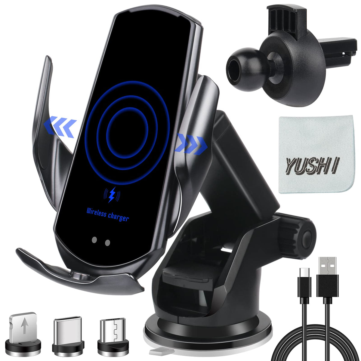 YUSHIHU Wireless Car Charger,15 W Qi Charging, Automatic Sensor Auto-Clamping Car Phone Holder, Windshield Dashboard Air Vent Phone Mount,compatible