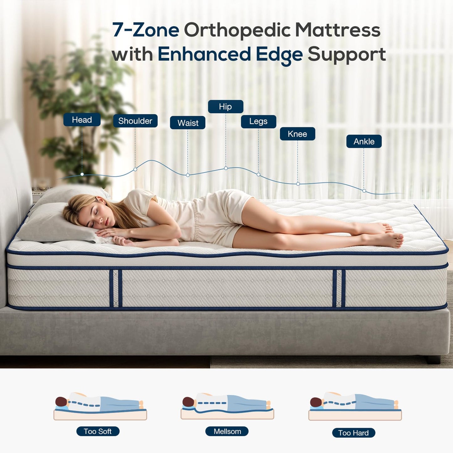 Mellsom Double Mattress, Memory Foam 7-Zone Pocket Spring hybrid Mattress
