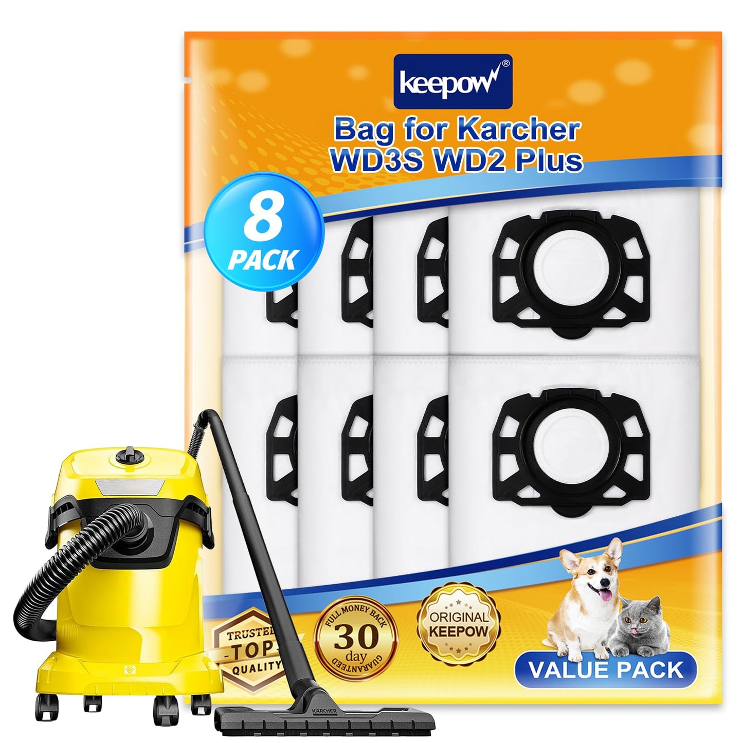 KEEPOW 8pcs KFI 357 Fleece Hoover Bags for Karcher Vacuum Cleaner WD3 S, KWD 1, KWD 2, KWD 3, MV 3, SE4001, SE4002,Vacuum Bags for K?rcher WD 2 Plus,