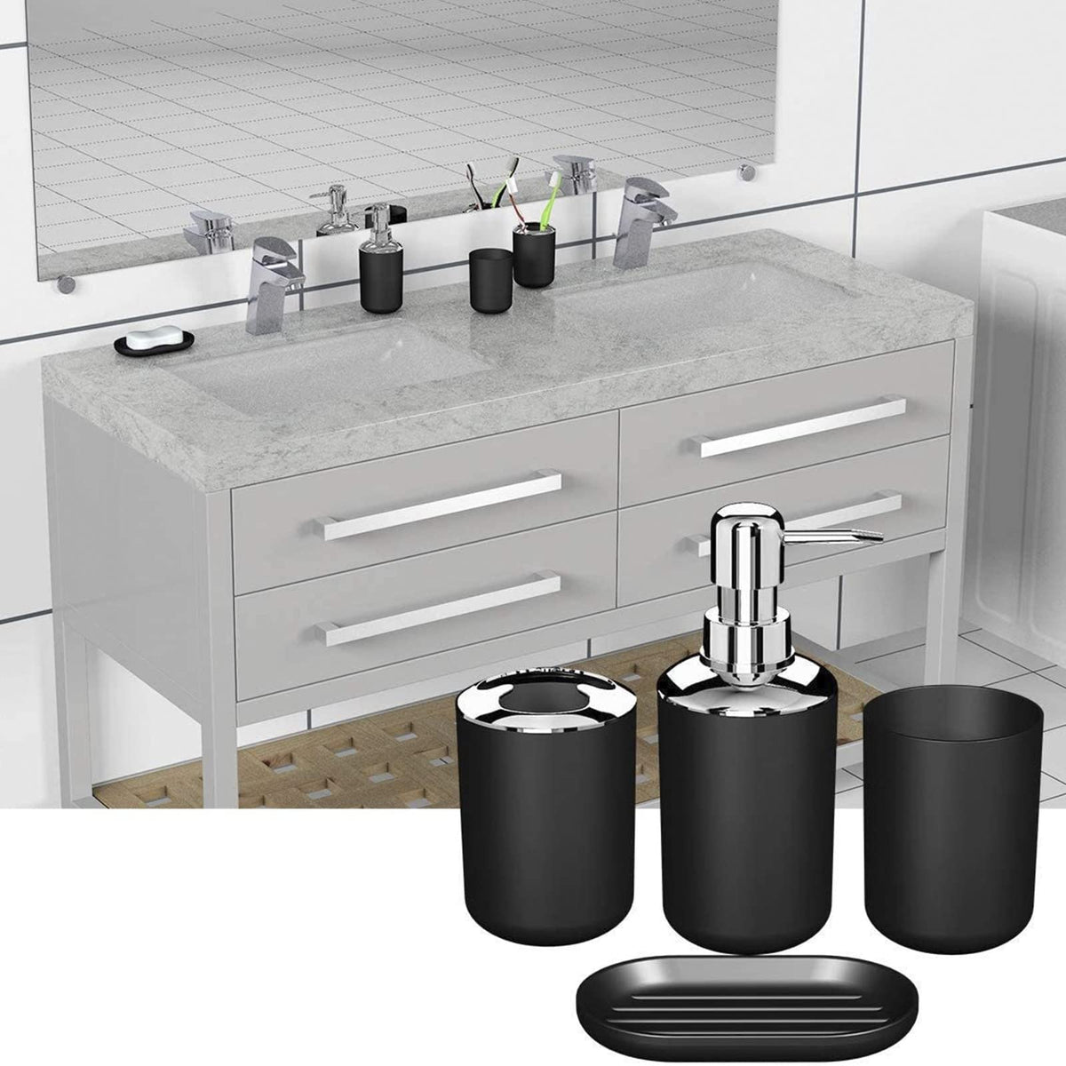 Hosoncovy 4 Pieces Bathroom Accessory Set with Soap Dispenser, Bathroom Cup, Soap Dish ,Toothbrush and Toothpaste Holder (Black)