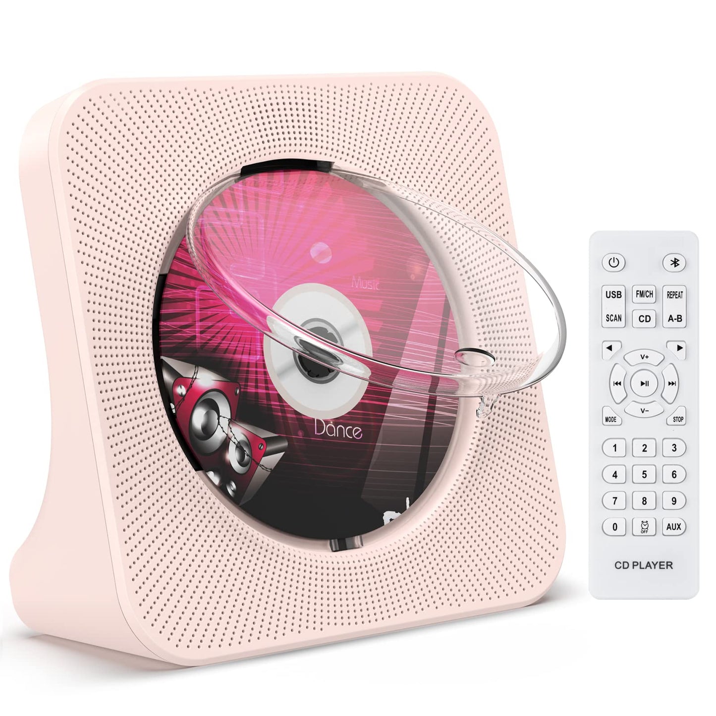 KOVCDVI CD Players for Home Bluetooth CD Player with Speakers Remote Control Desktop Dust Cover Display FM Radio Timer USB AUX Headphone Port Pink