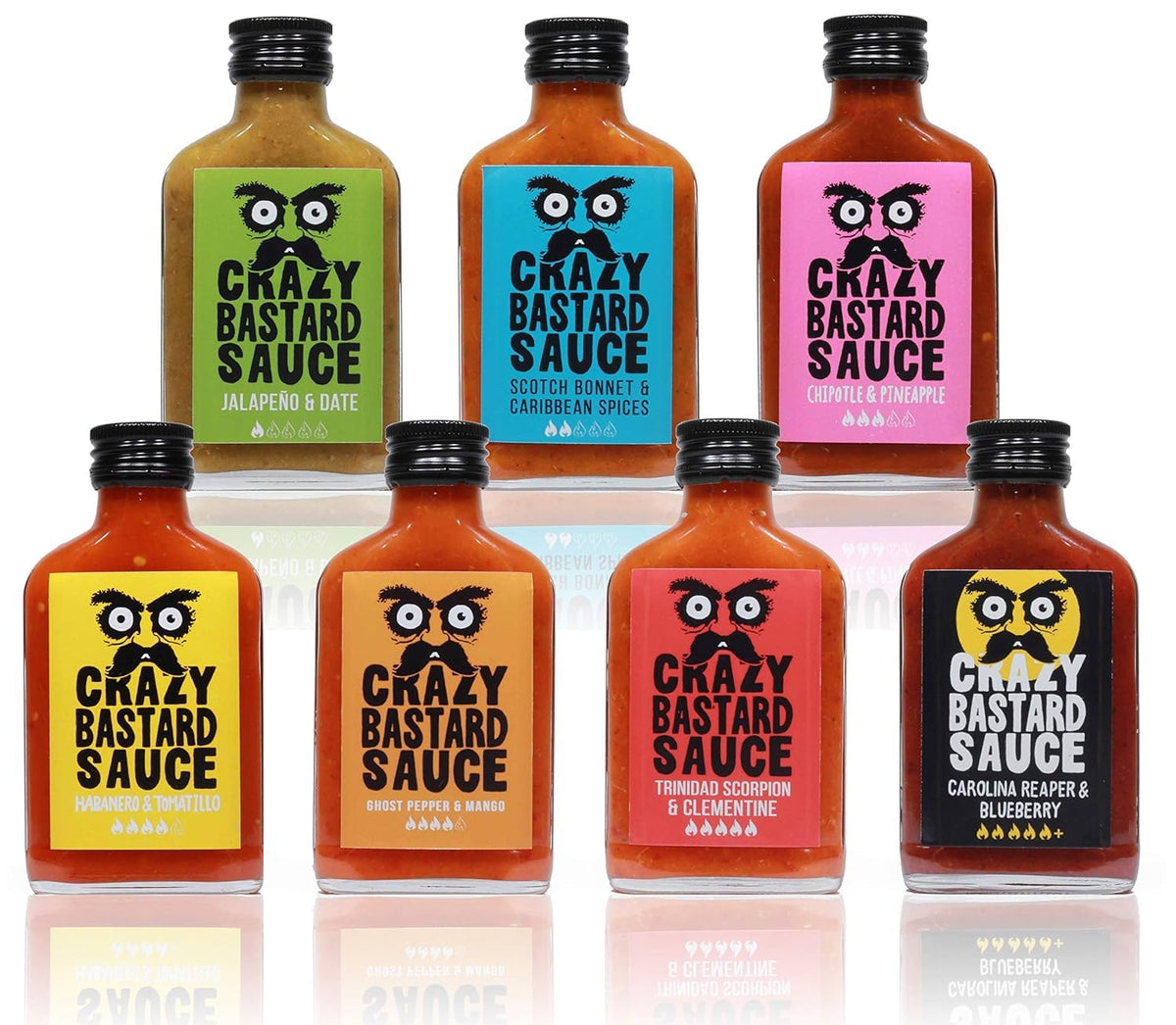 Crazy Bastard Sauce - 7 Pack of All Signature sauces from Jalape?o to Carolina Reaper (7 x 100mL)
