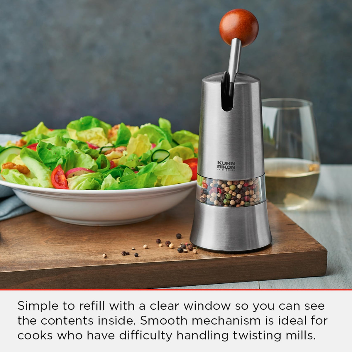 Kuhn Rikon Epicurean Ratchet Grinder for Salt, Pepper, Spices. Stainless Steel Spice Grinder (Coarse Fine). Black Pepper Grinder Mill. Salt Grinder