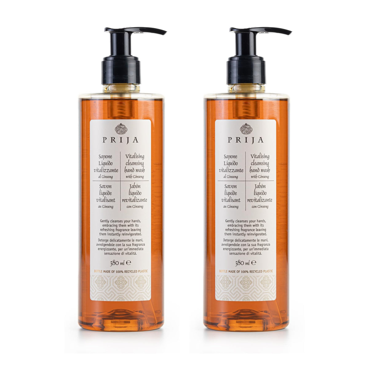 Prija Vitalising Hand Wash with Ginseng Extract Gently Cleanses Hands, Moisturising Liquid Hand Soap, Vegan Friendly with Energising Fragrance 380ml x