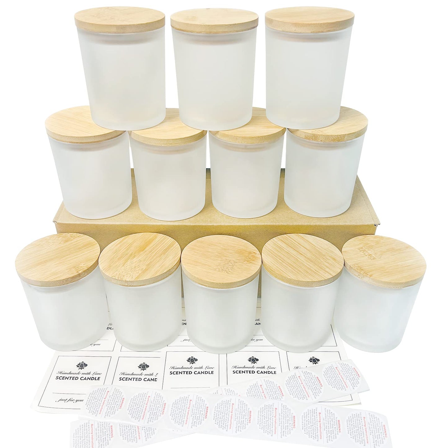 CONNOO 12Pack 10 oz Frosted Glass Candle Jars with Bamboo Lids for Making Candles Empty Candle Tins with Wooden Lids, Bulk Clean Candle Containers -