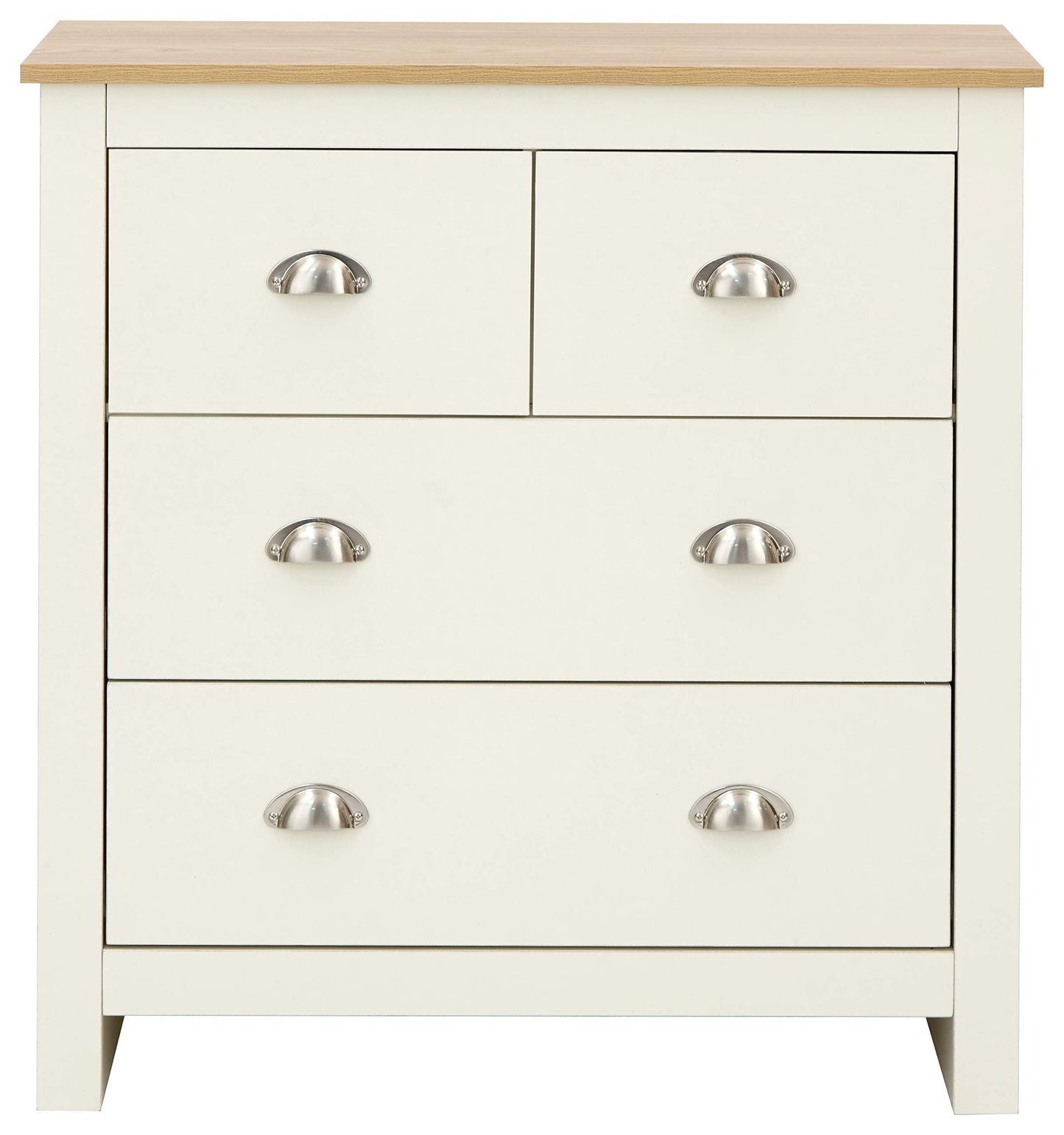 GFW Lancaster Wooden 4 Drawer Chest With Steel Cup Handle & 37.7 Litre Drawers, Modern Bedroom Furniture Chest Of Drawers Storage Unit, Contrast Oak