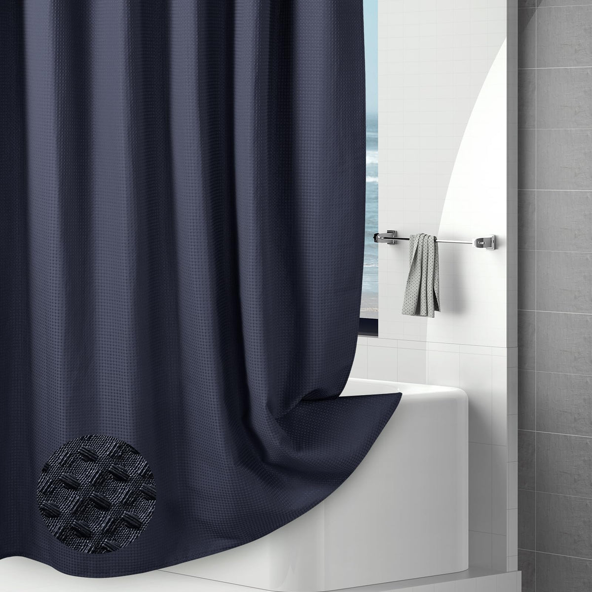 Hotel-Quality Navy Blue Waffle Shower Curtain, Water Repellent Bath Curtain Prevents Water Escaping, 256GSM Thick Heavy Duty Fabric Texture Wet Room
