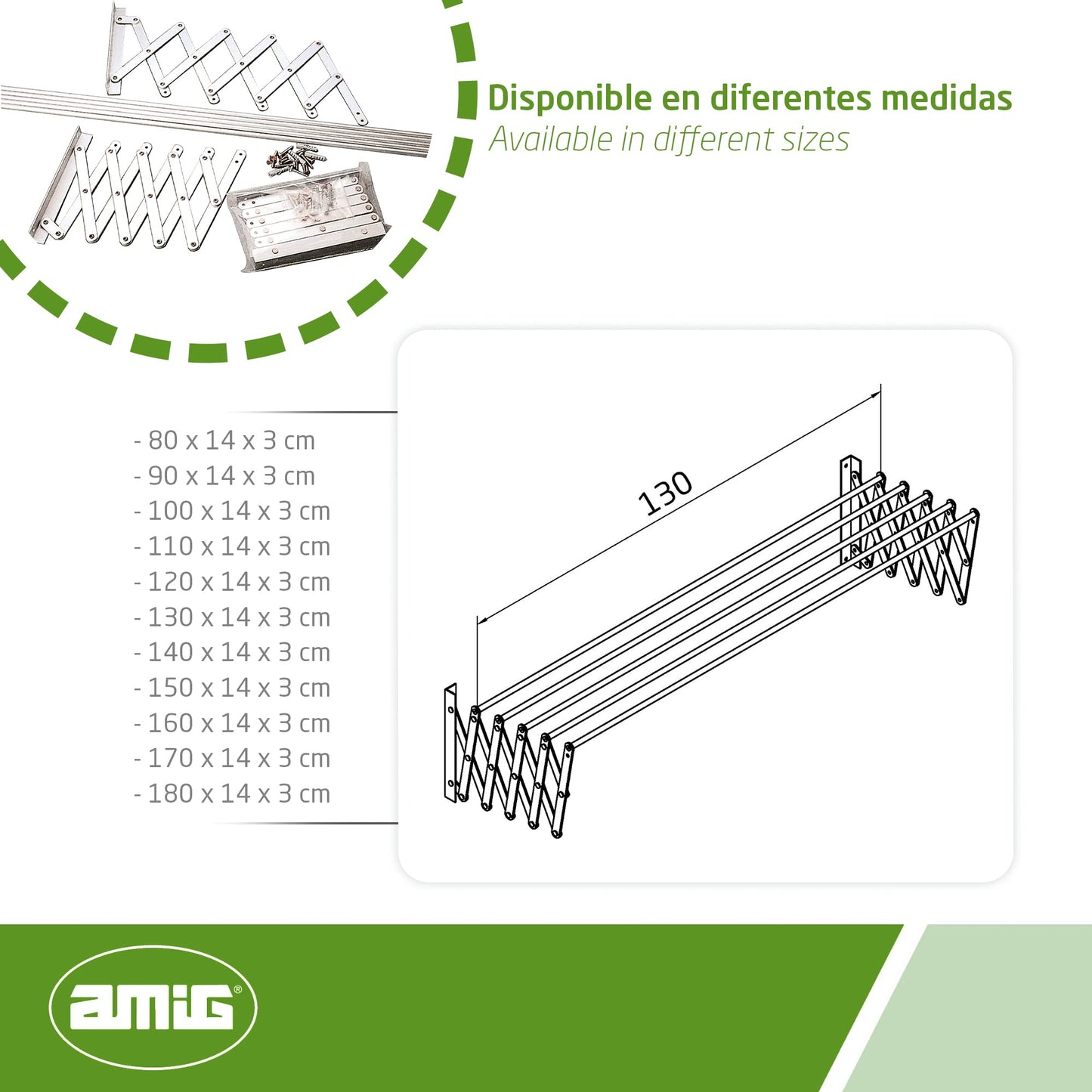 Amig Extendable Clothes Airer for The Wall | Highly Durable Aluminium | Stainless Steel Screws | for Indoor and Outdoor Use | Easy Installation |