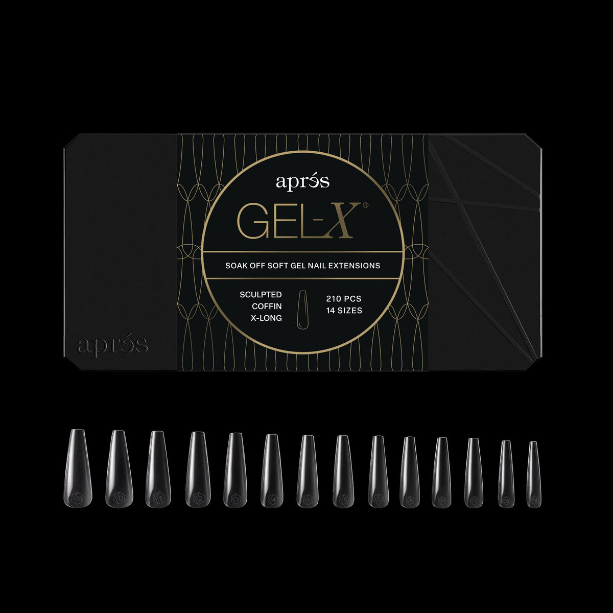 Apres Gel-X? Coffin Box of Nail Tips | 280 Soft Gel Tips, 14 Sizes 00-9 | Half-sizes Included (Sculpted Coffin Extra Long Box, 280 Count)