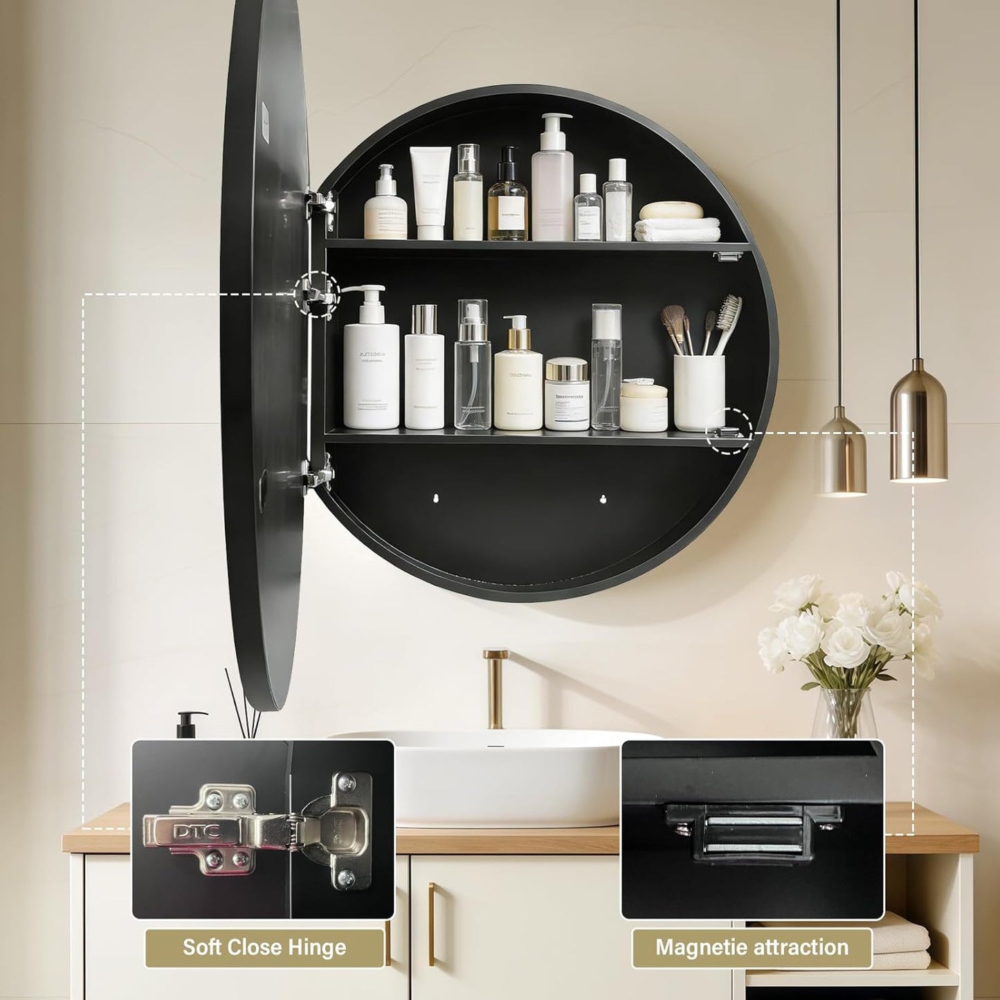 Janboe Round Mirror Cabinet,Aluminum Framed,Soft Close Hinge,71cm,Black