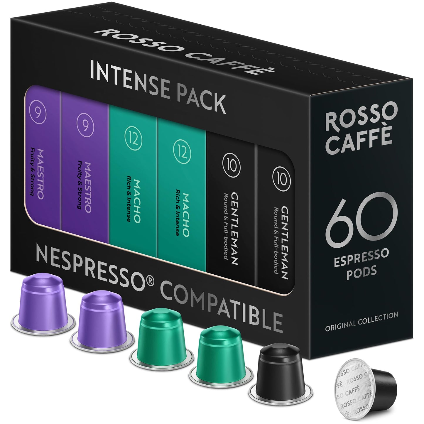 ROSSO CAFF? 60 Nespresso Machine Compatible Capsules, ?Extra Dark? Morning Coffee, 3 Premium Dark Roasts, Aluminium Coffee Pods, Compatible with
