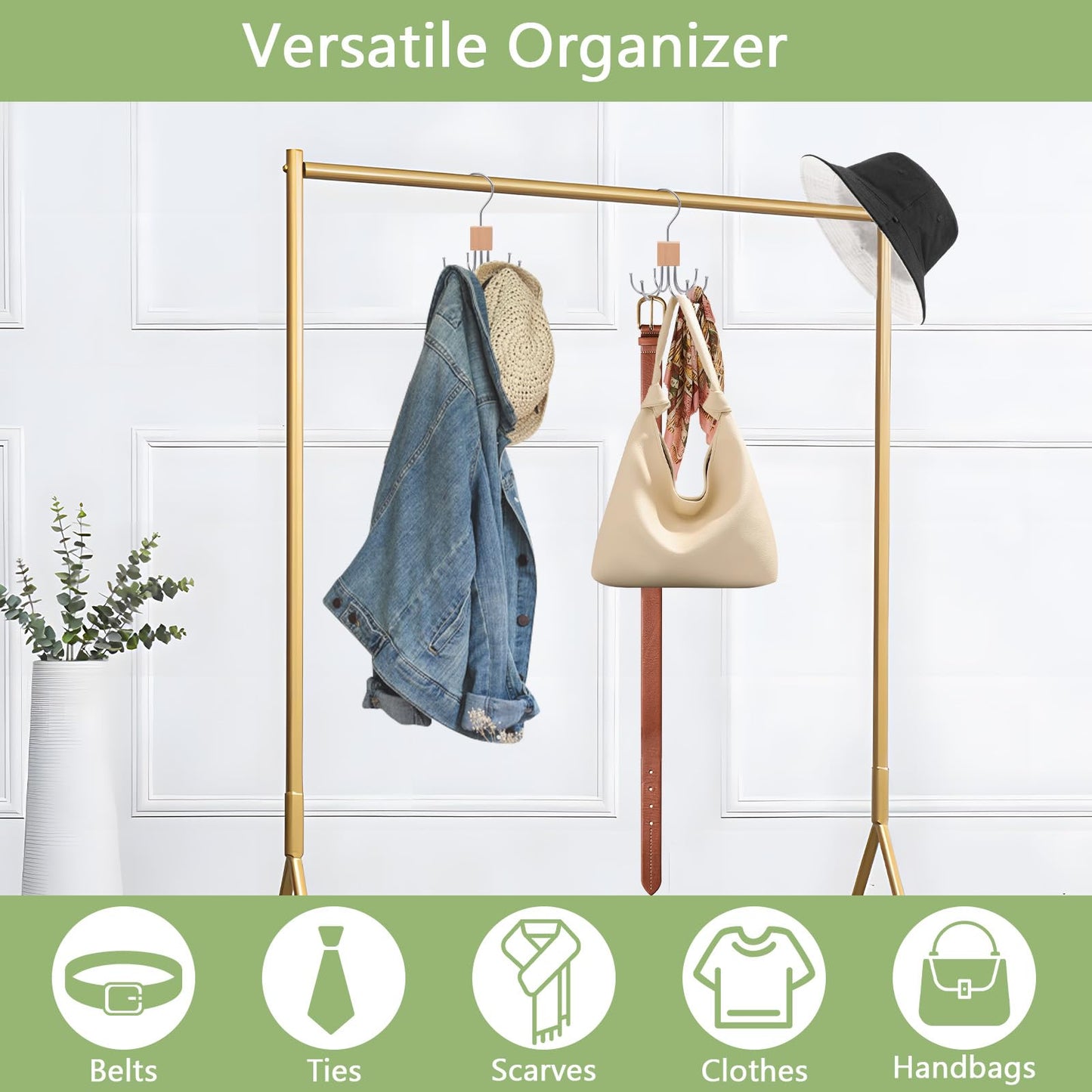 Niuoppy 2PCS 360°Swivel Belt Hanger for Wardrobe, Belt Hangers for Men, Belt Organizer Belts Rack with 6 Hooks (2, Log Color)