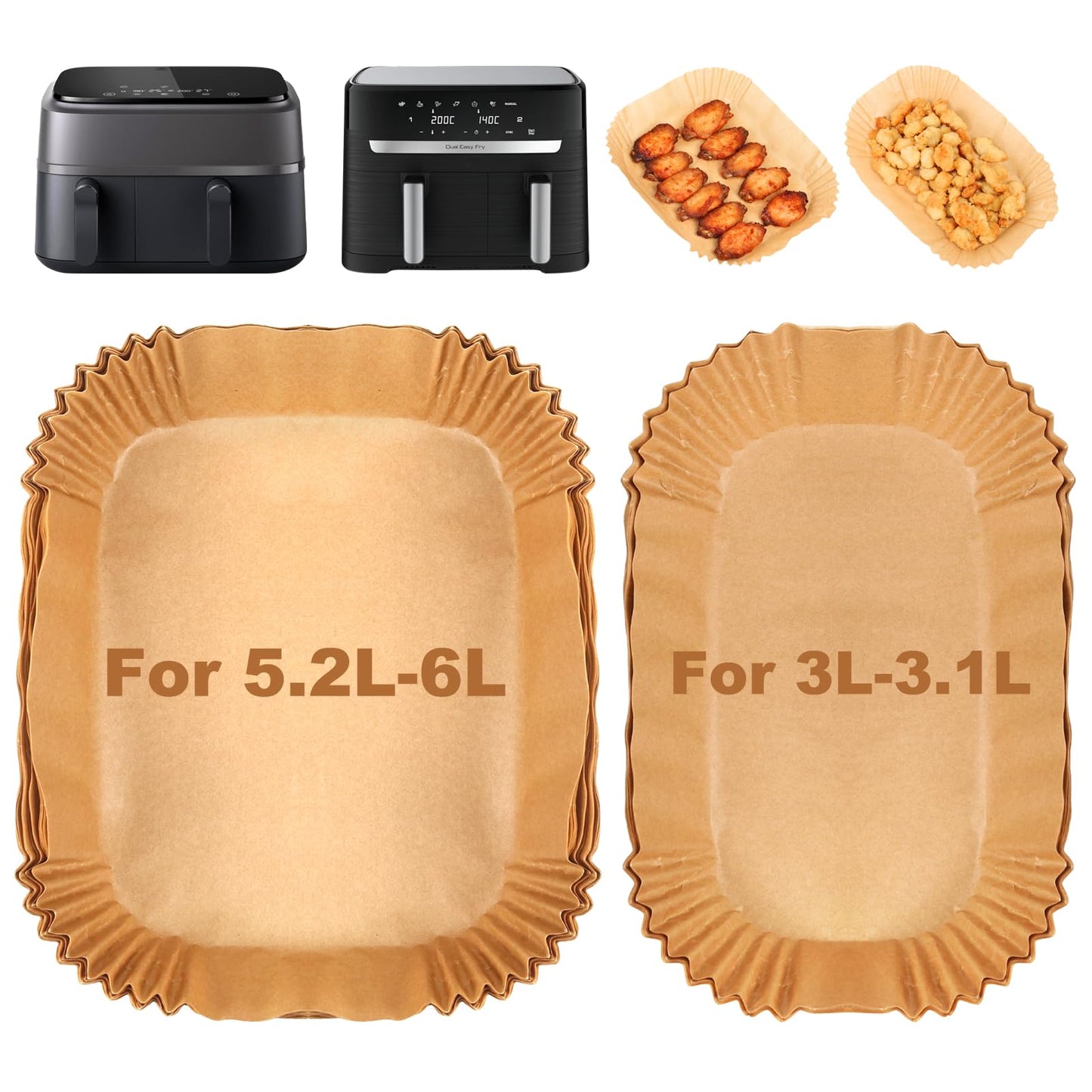 BYKITCHEN Air Fryer Liners for Tefal 5.2L & 3.1L Dual Air Fryer, Disposable Paper Liners, Airfryer Accessories for Tower/Lakeland/Salter and Other