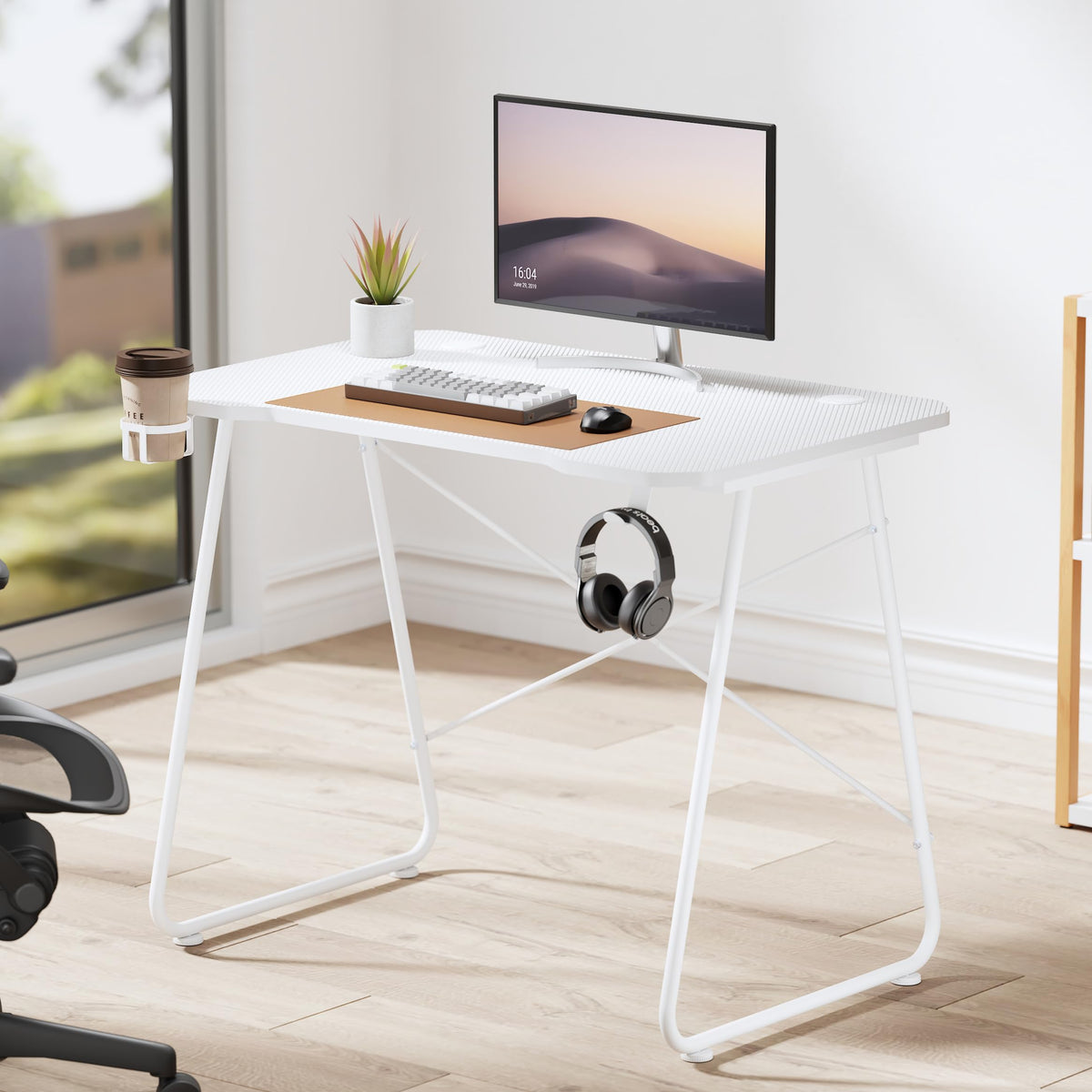 Properav Computer Study Desk White for Home Office PC Monitor Laptop Gaming with Headphone Hook & Cup Holder