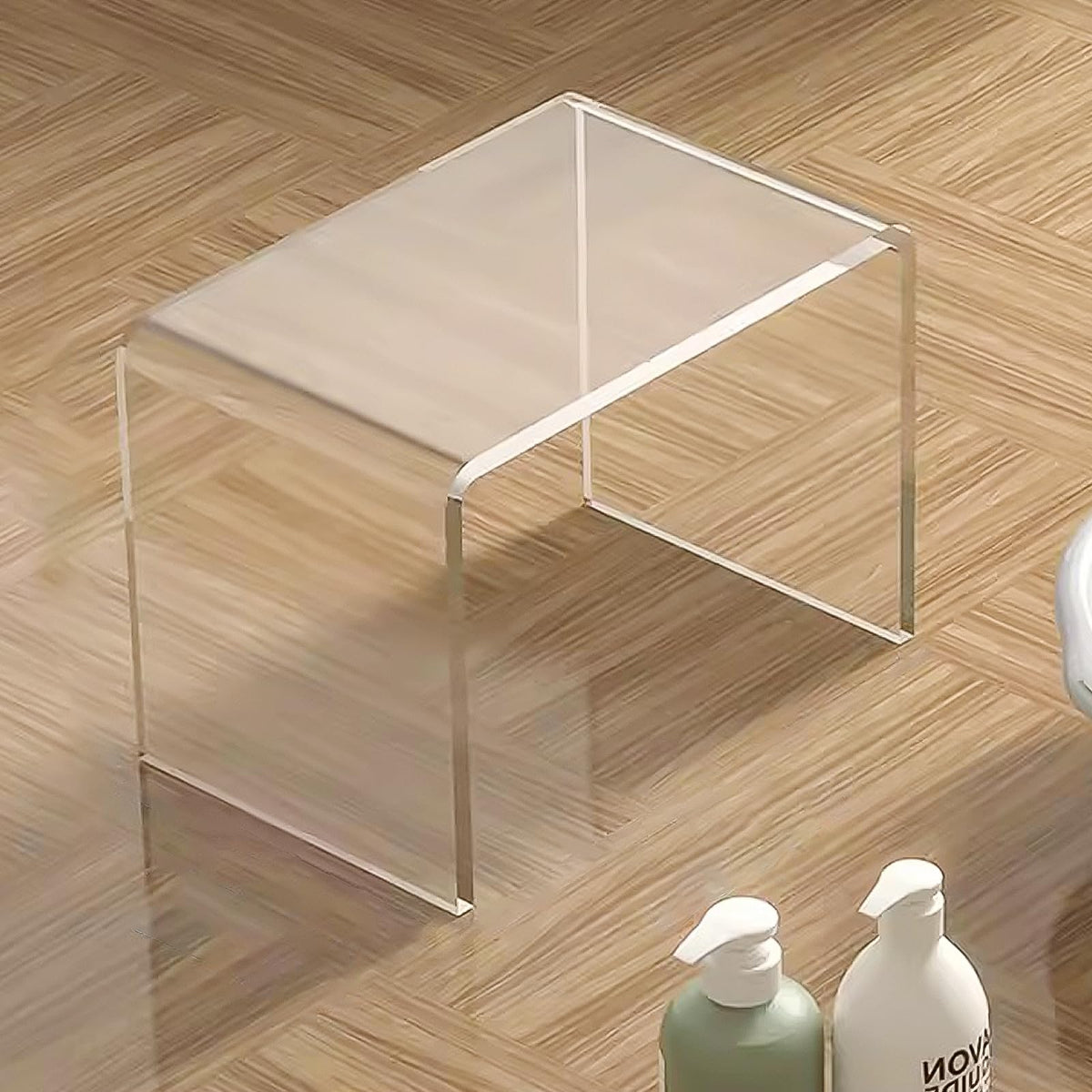Clear Acrylic U Shaped End Table, Transparent Perspex Plastic Shower Stool, Stylish Modern Coffee Table with Rounded Edges, Waterproof Shower Bench