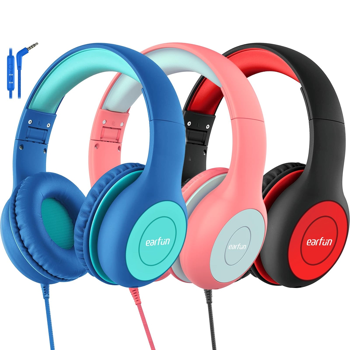 EarFun Kids Headphones 3 Packs, Wired Headphones for kids 85/94dB Volume Limit, Sharing Function, Stereo Sound Adjustable Headband Children Headphones