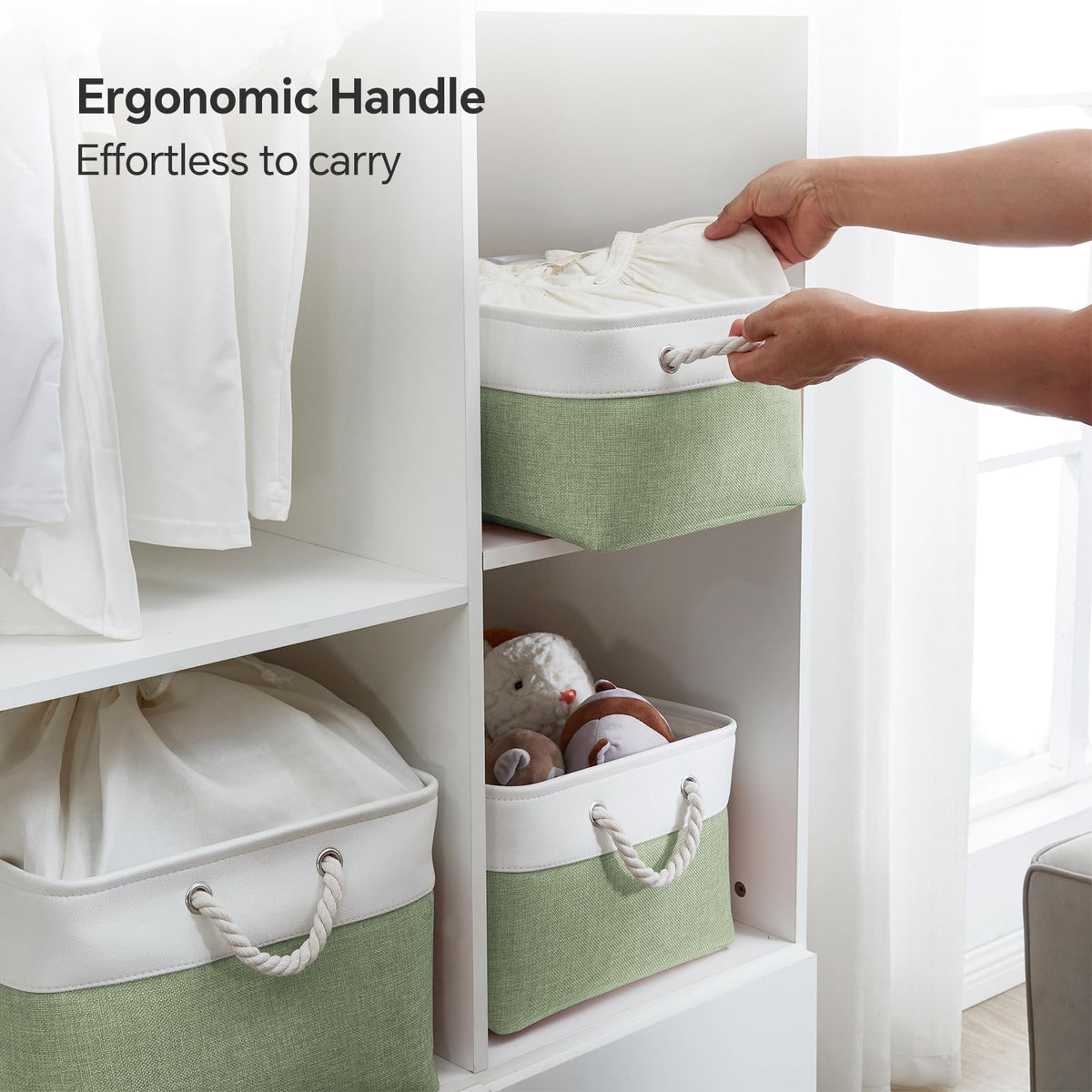 Mangata Set of 3 Soft Fabric Storage Baskets with Handles, Multi-Size, Rectangular Linen Organiser Boxes for Shelf & Wardrobe, 41x31x18 cm
