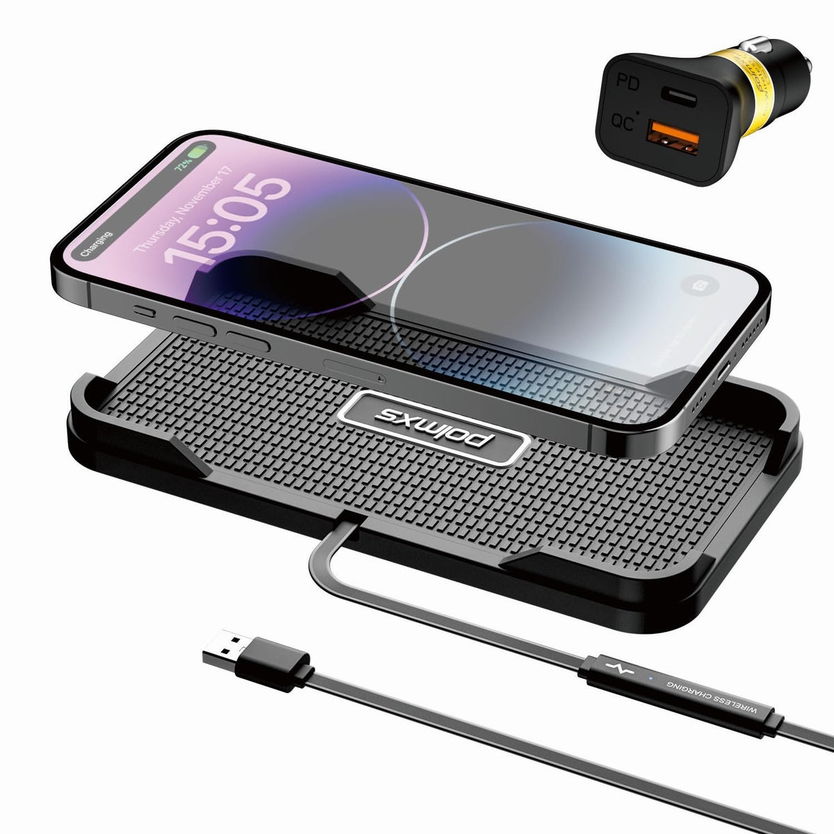 Wireless Car Charger, Polmxs 15W Fast Car Wireless Charger Pad Non slip Phone Charging Mat with 40W PD & QC3.0 Car Charger For iPhone 16/15/14/13/12