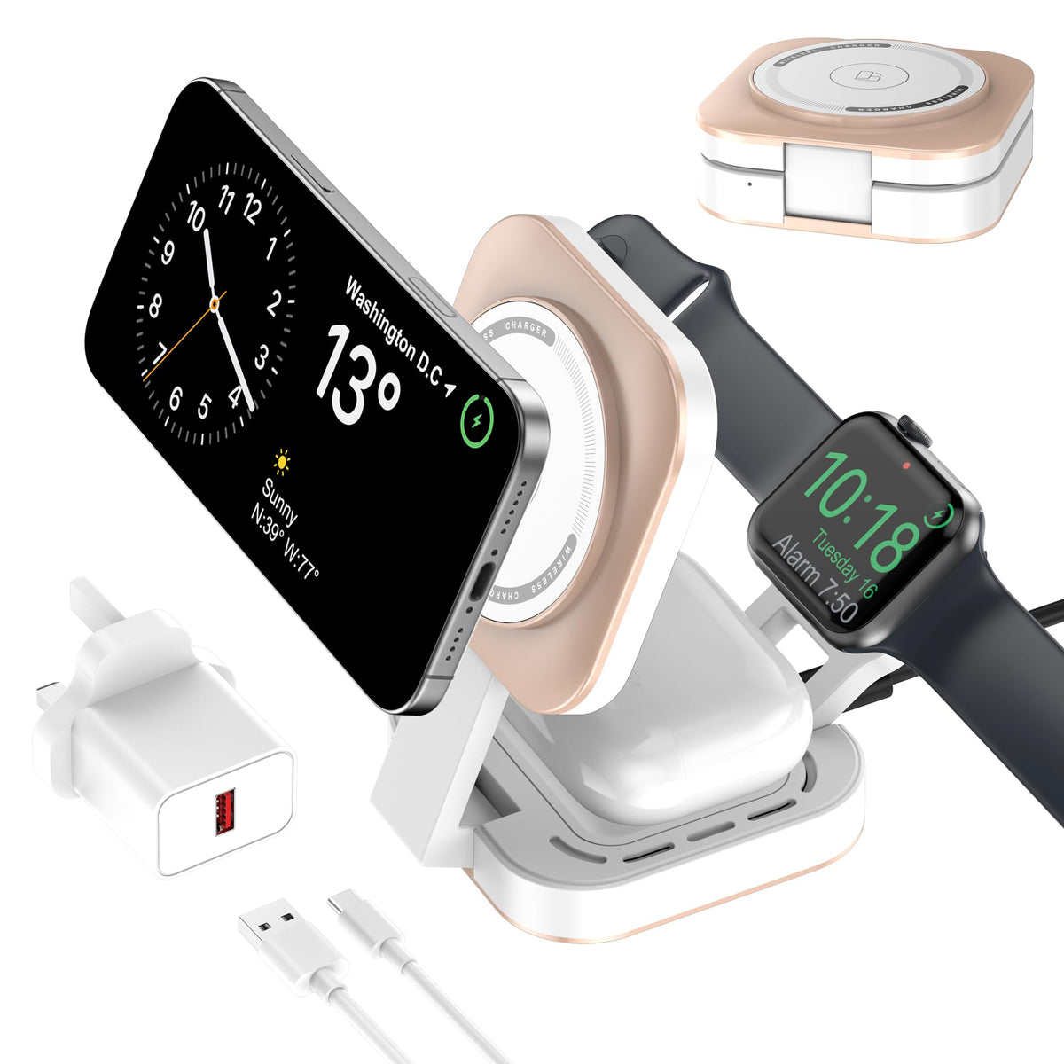 3 in 1 Wireless Charging Station for Apple Device, Foldable Wireless Charger Stand for Magsafe for iPhone 17/Air/16/15/14/13/12 Series, Apple Watch