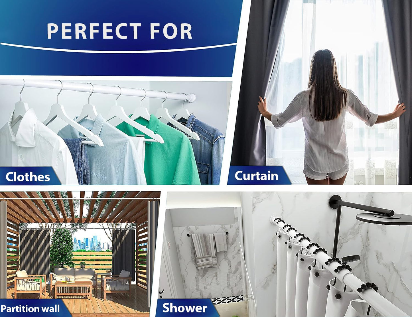 MEISENBERG Tension Rods for Curtains White, Extendable Curtain Poles 210-260 cm - ร 32 mm Diameter, Heavy Duty Tension Pole No Drilling