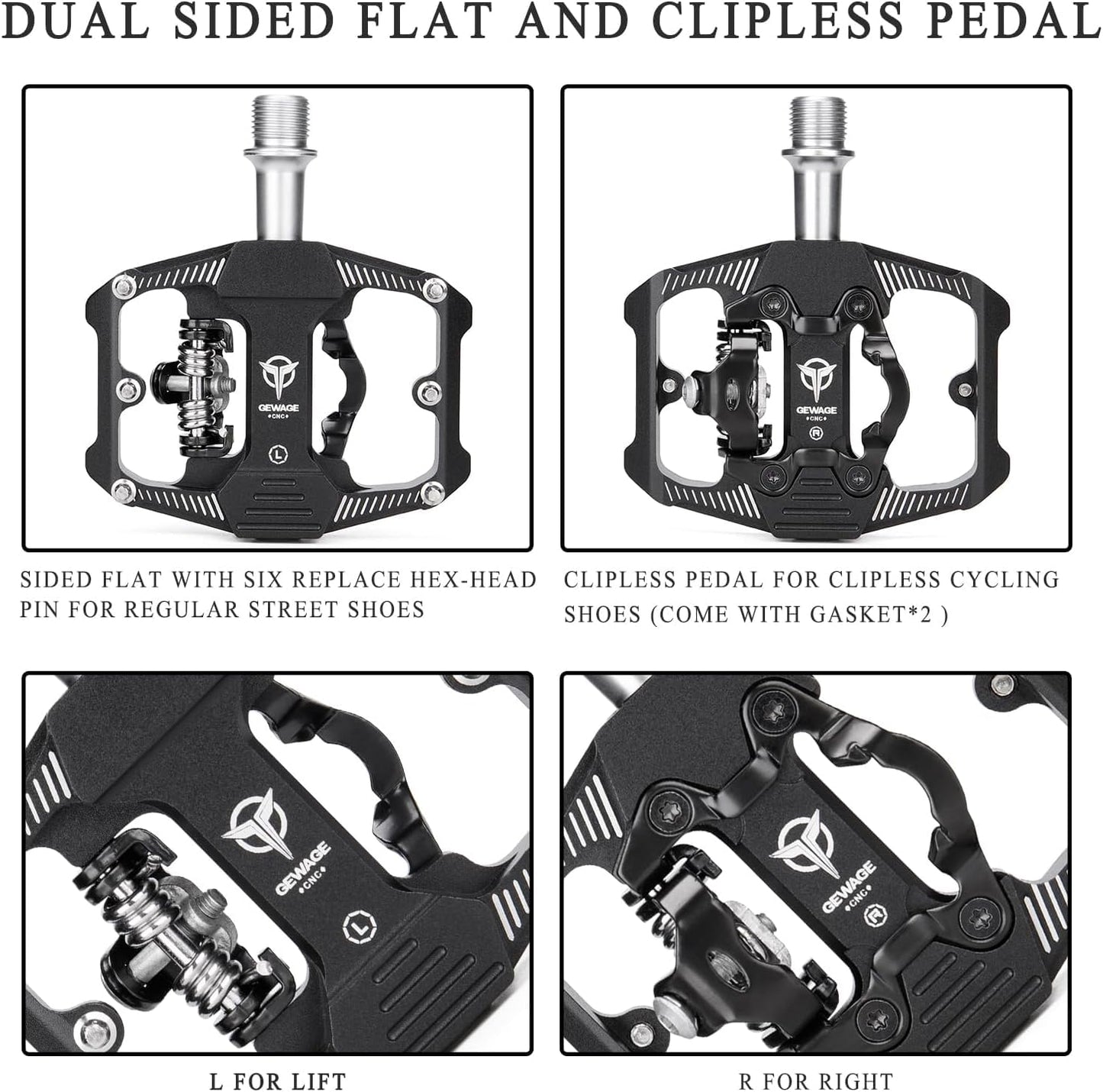 GEWAGE Mountain Bike Pedals - Dual Function Flat and SPD Pedal - 3 Sealed Bearing Platform Pedals SPD Compatible, Bicycle Pedals for BMX Spin Exercise