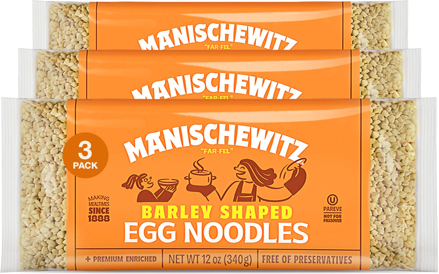 Manischewitz Barley Shaped Enriched Egg Noodles, 340g (Pack of 3) Makes a Great Homestyle Farfel, No Preservatives, Low Sodium