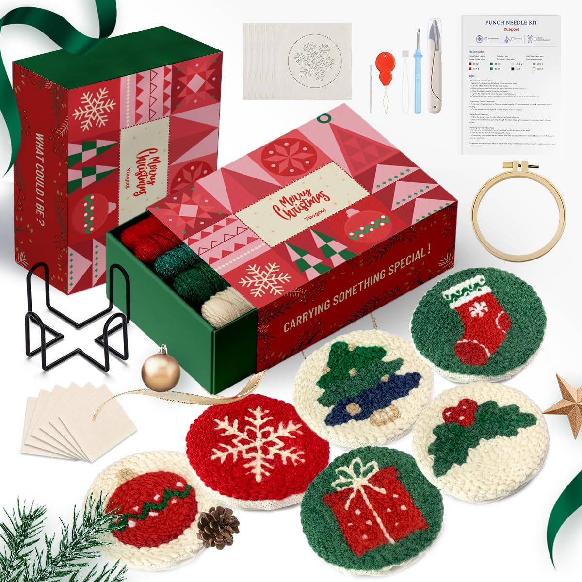 yuegool 6PCS Christmas Punch Needle Coaster Kit,Easy DIY Embroidery Set for Beginners, Kids & Adults with Patterns, Tools, Yarns, Hoop, Instructions &