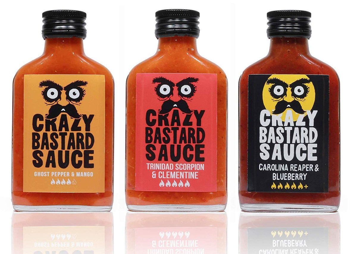 Crazy B Sauce - Sample set of 3 chili sauces with the worlds hottest peppers - Ghost Pepper & Mango, Trinidad Scorpion & Clementine, Carolina Reaper &