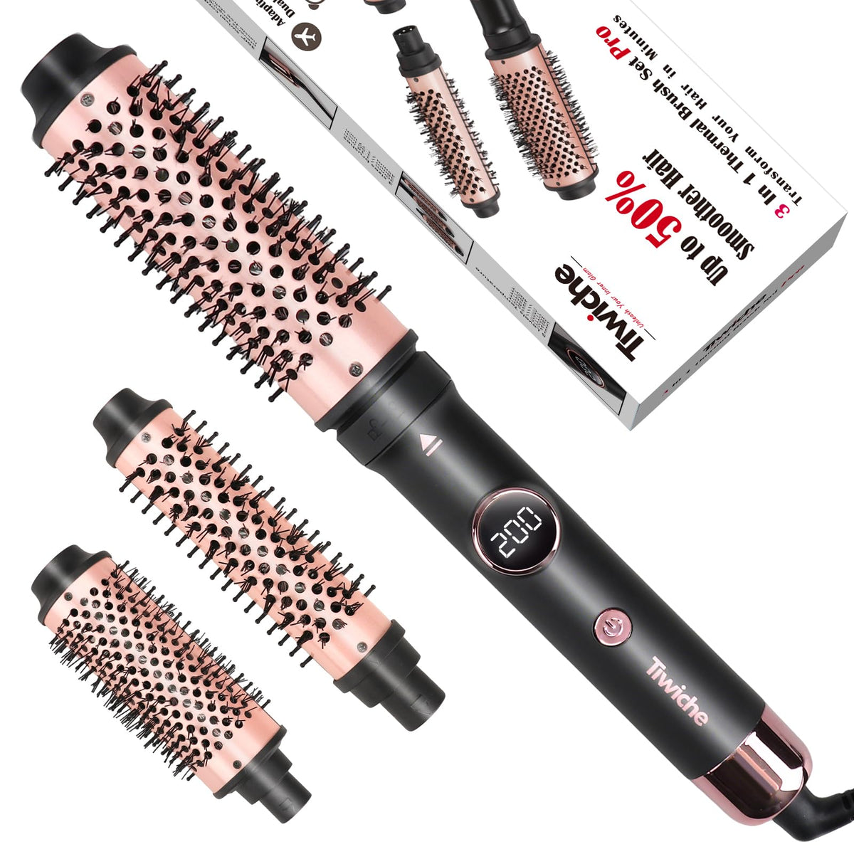 Tiwiche Thermal Brush Set, 3-in-1 Non-Blowing Heated Round Brush with Adjustable Temp, Fast Heating Titanium Ceramic, Dual Voltage, Hair Curling Iron