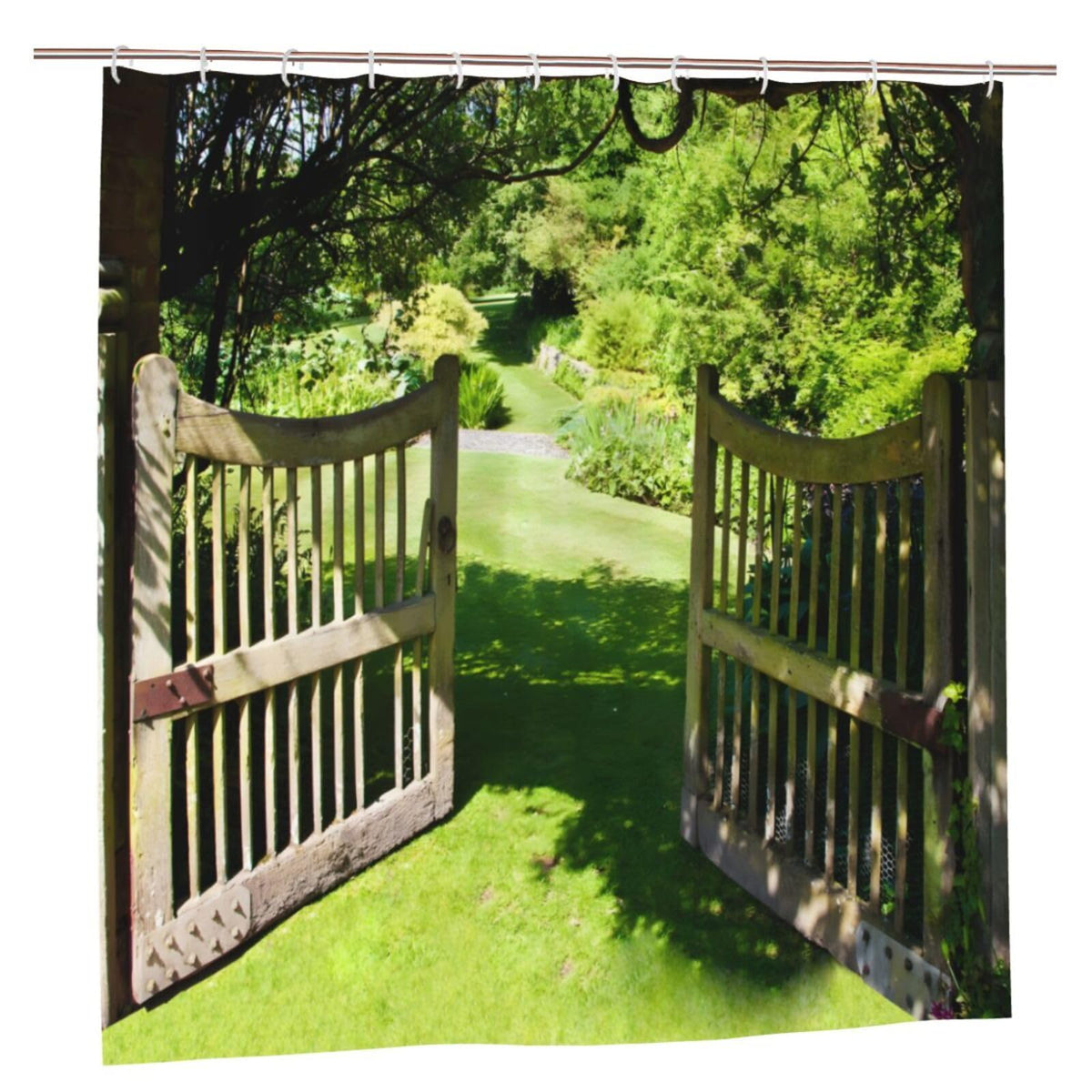 Newhomestyle Open Garden Wooden Fence Shower Curtain, Lawn Walkway Landscape Waterproof Polyester Fabric Bath Shower Curtain, Summer Bath Room Bathtub